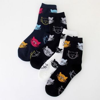 4 Pairs Unisex Holiday Gift Crew Socks Set Cartoon Meow Cat Christmas Hosiery